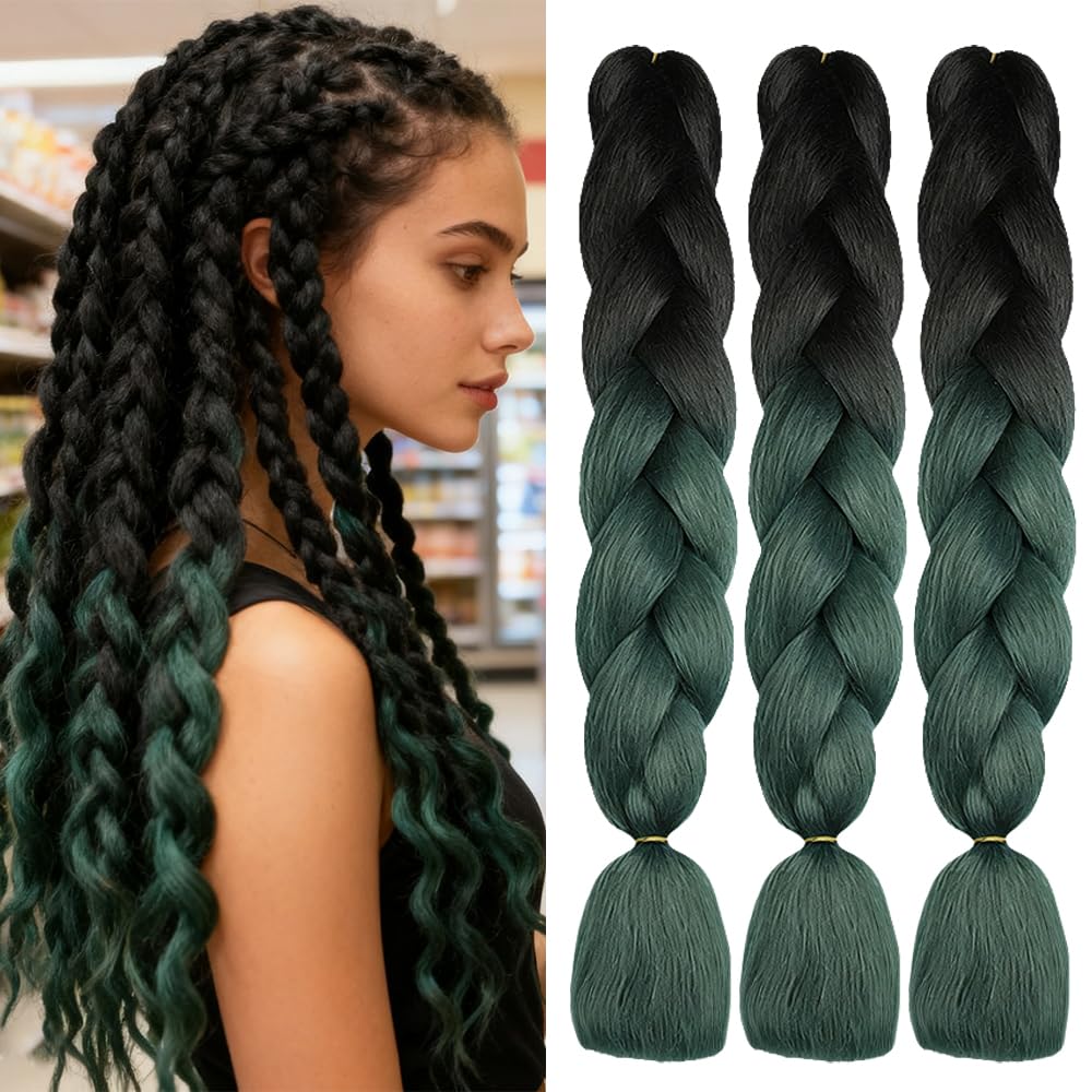 ShowJarlly Box Braid Hair Extensions, 24inch Black/Dark Green Ombre Jumbo Braid Hair, 3Packs Synthetic Jumbo Braiding Hair Extension Afro Hair Extensions for Braiding Crochet Twist Braids