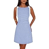 MEROKEETY Women's 2026 Summer Gingham Mini Dress Ruched Sleeveless Boat Neck Cocktail Party Beach Dresses