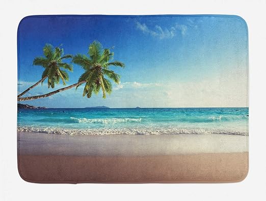 Amazon Com Ambesonne Seashore Bath Mat Splashing Waves On Sandy Beach Coconut Palm Trees Scenic Island View Plush Bathroom Decor Mat With Non Slip Backing 29 5 X 17 5 Sand Green Kitchen Dining