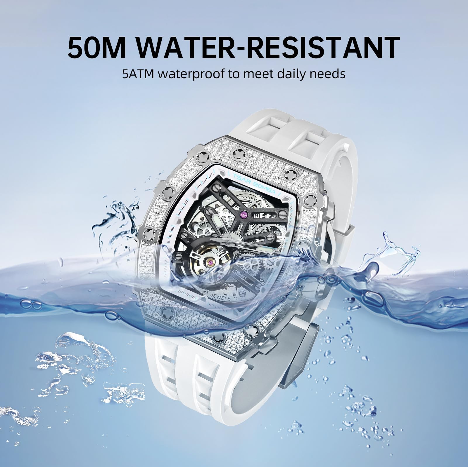 TSAR BOMBA Watch for Men, 50M Waterproof Automatic Mens Watch, Skeleton Mechanical Tonneau Big Face Dial Black Watch with Silicone Watch Bands, Gifts for Men