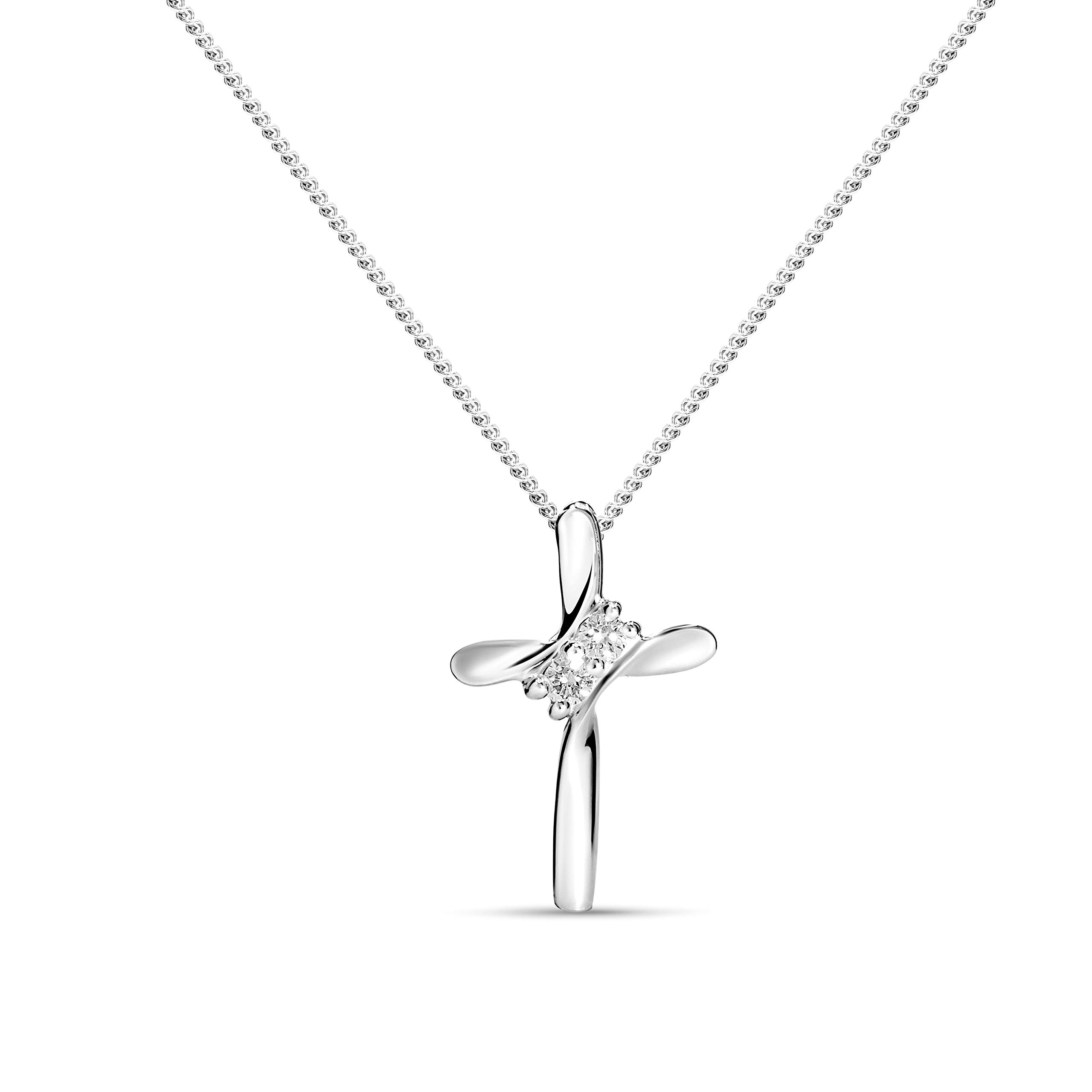 MIORE diamond cross necklace for women in 9 kt 375 white gold- Cross pendant with 0.05 ct natural diamonds on 45 cm chain