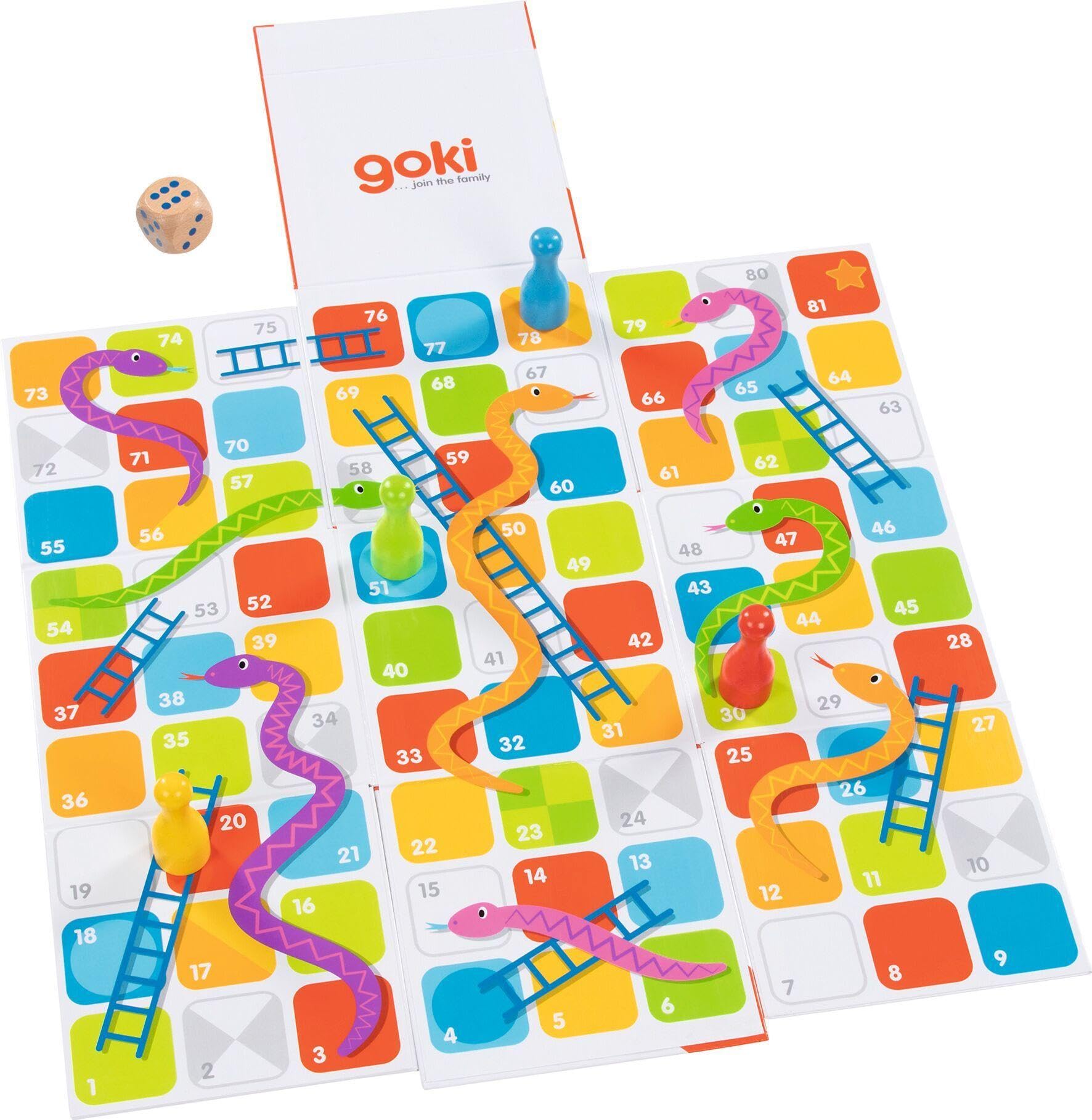 Goki - XXL Snakes and Stairs in a Pop Up Cube Traditional Games, Multi-Colour (56636)