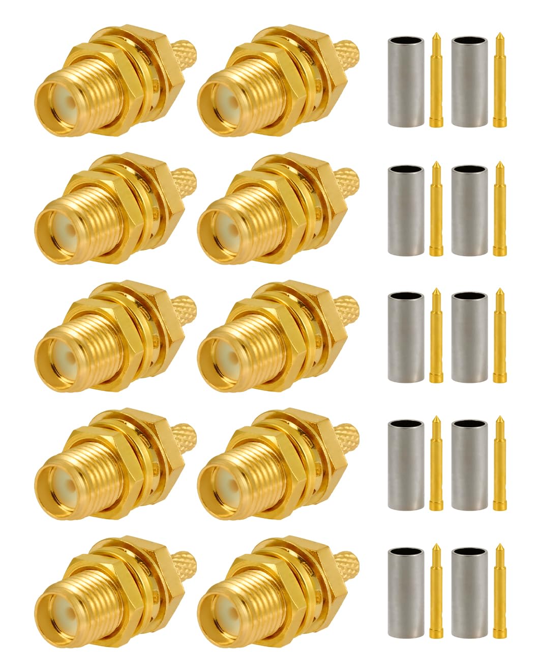 Vecys 10 PCS RP SMA Connectors RP SMA Female Bulkhead with Male Pin Crimp Connector for RG316 RG174 RF Coax Cable