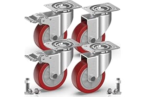 GBL 4" Heavy Duty Caster Wheels with 2 Brakes + Bolts and Nuts - up to 1320Lbs - Set of 4 No Floor Marks Silent Castor for Furniture - Trolley Pallet Swivel Wheels - Silver Casters