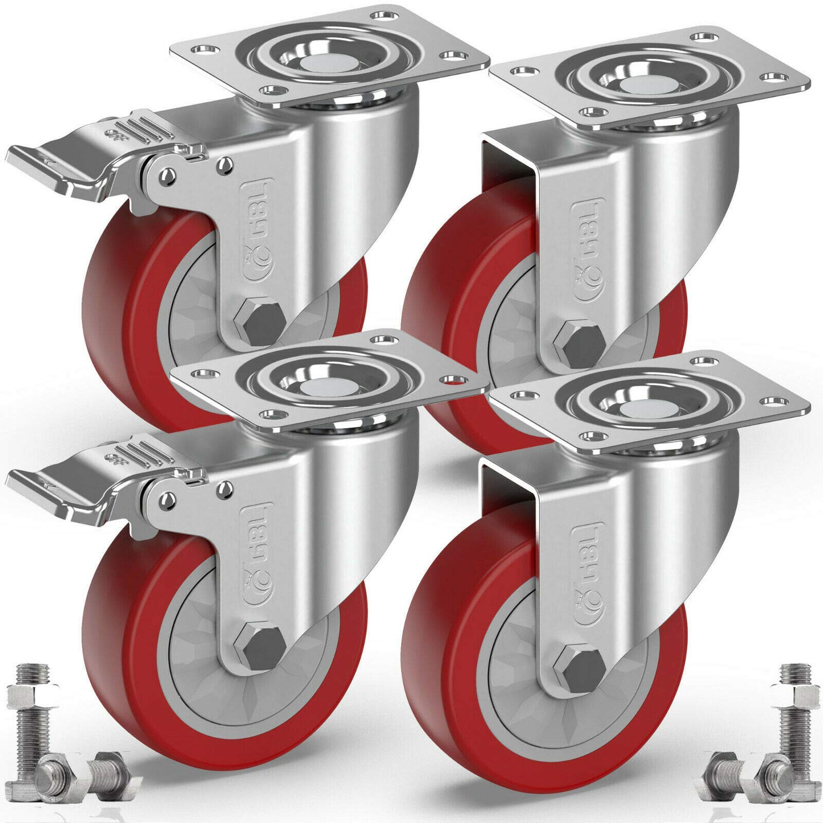 GBL Heavy Duty Castor Wheels with 2 Brakes, Bolts and Nuts - 100mm up to 600KG - Pack of 4 No Floor Marks Silent Caster for Furniture - Rubbered Trolley Wheels - Silver Castors