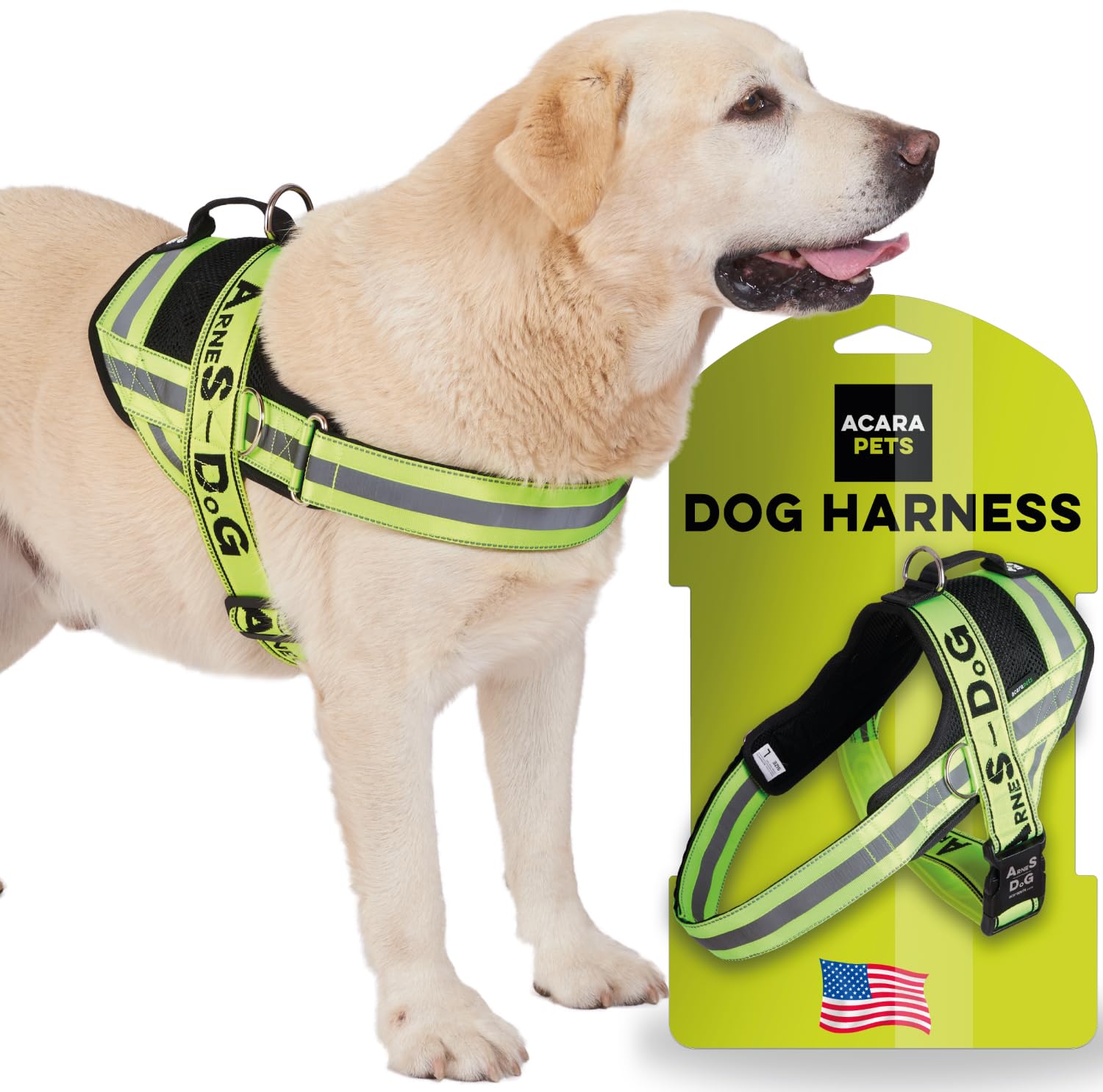 Dog harness with 3 metal ring anchors to hold your dog’s chest or thorax and not suffocate its neck. Attaches easily with a single quick release. (Yellow fluorine, L)