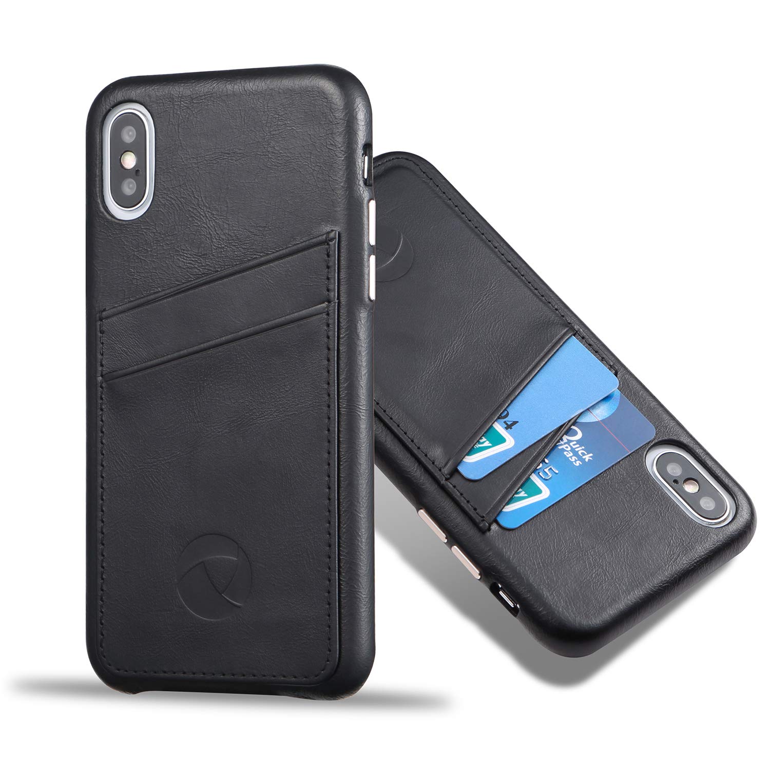 LUCKYCOIN Genuine Leather Case with Card Holder for iPhone XS Max 6.5in,Wallet Case with Metal Buttons,Black ﻿