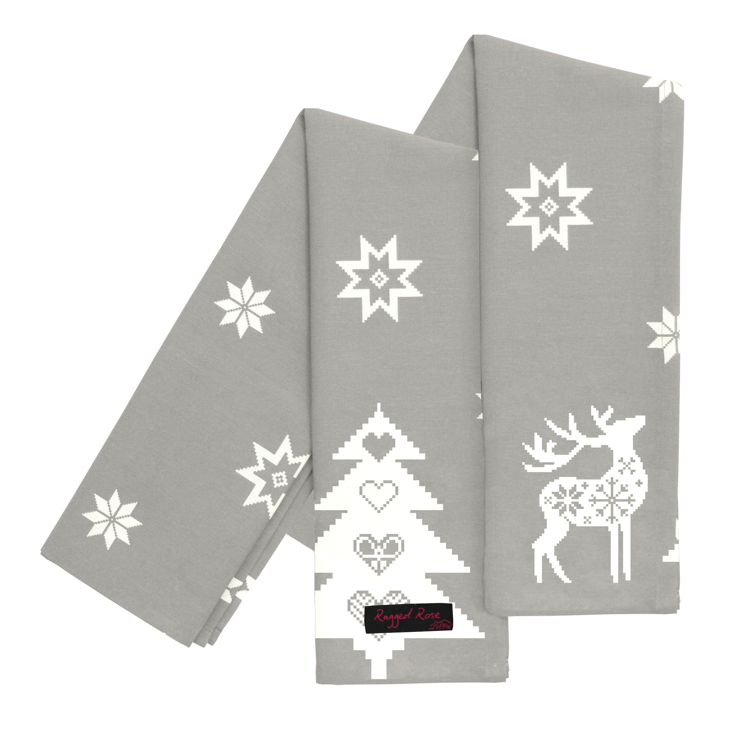 Ragged Rose Tea Towels for Kitchen - 50 cm x 70 cm Pair of Kitchen Cloths for Drying Dishes, Wiping Countertops, & Handling Pots - Machine Washable & Durable - Grey Christmas Star, Pack of 2