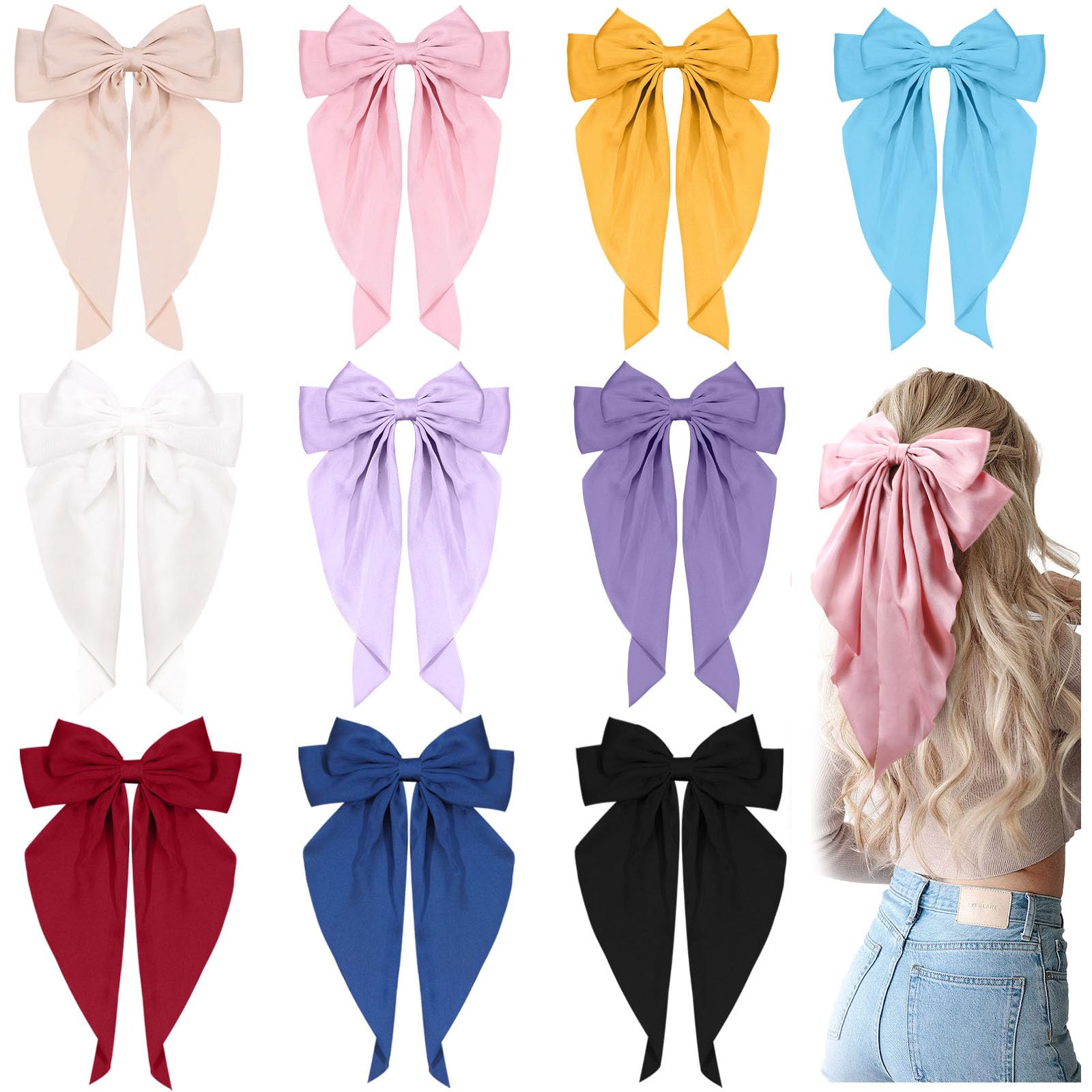 Photo 1 of 10 PCS Large Hair Ribbon Barrettes with Long Tails for Women & Girls, TOKUFAGU Vintage French Hair Accessories - Bow Clips in 10 Colors (Set A)