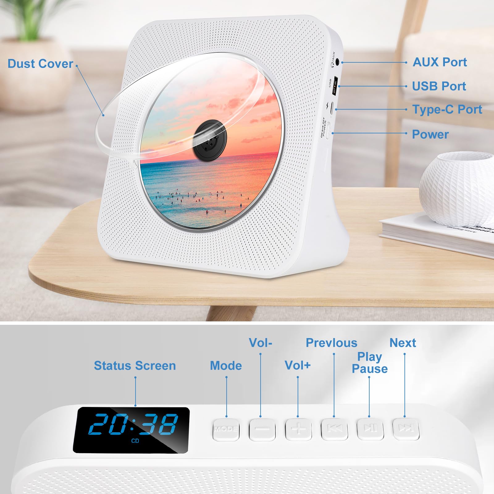 Portable CD Player with HiFi Speaker, Bluetooth CD Players for Home with Dust Cover,LED Screen Display,Remote Control,Desktop CD Player Support CD/FM Radio/Bluetooth/U-Disk/AUX/Repeat