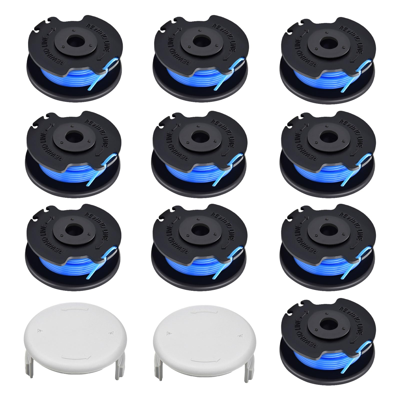 JAMSSOW 10 Pcs Replacement Strimmer Spool Compatible with Ryobi One+ RAC124 AC14RL3A,AC14HCA,Autofeed Nylon Line for Ryobi One+ 18V,24V,40V,1.65mm x 3.4m(10 Spool + 2 Cover)