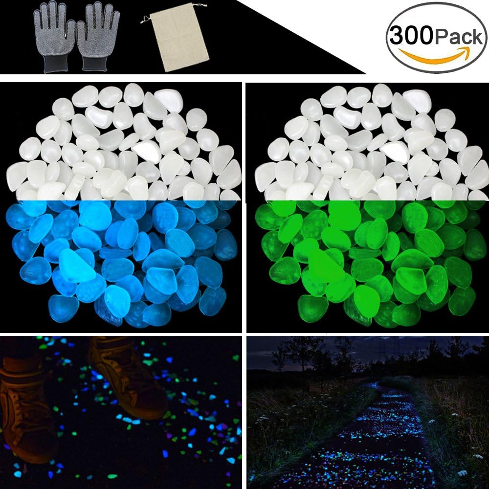 JUSLIN 300pcs Glow in the Dark Garden Pebbles with Gardening Gloves and Linen Bag, White, for Gardening, Bar and Swimming Pool Decorations
