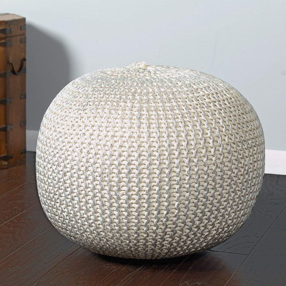 L.R. Resources Fairbanks Bone Silver Knitted Pouf Ottoman, 1'4"X1'8", Ivory/silver -