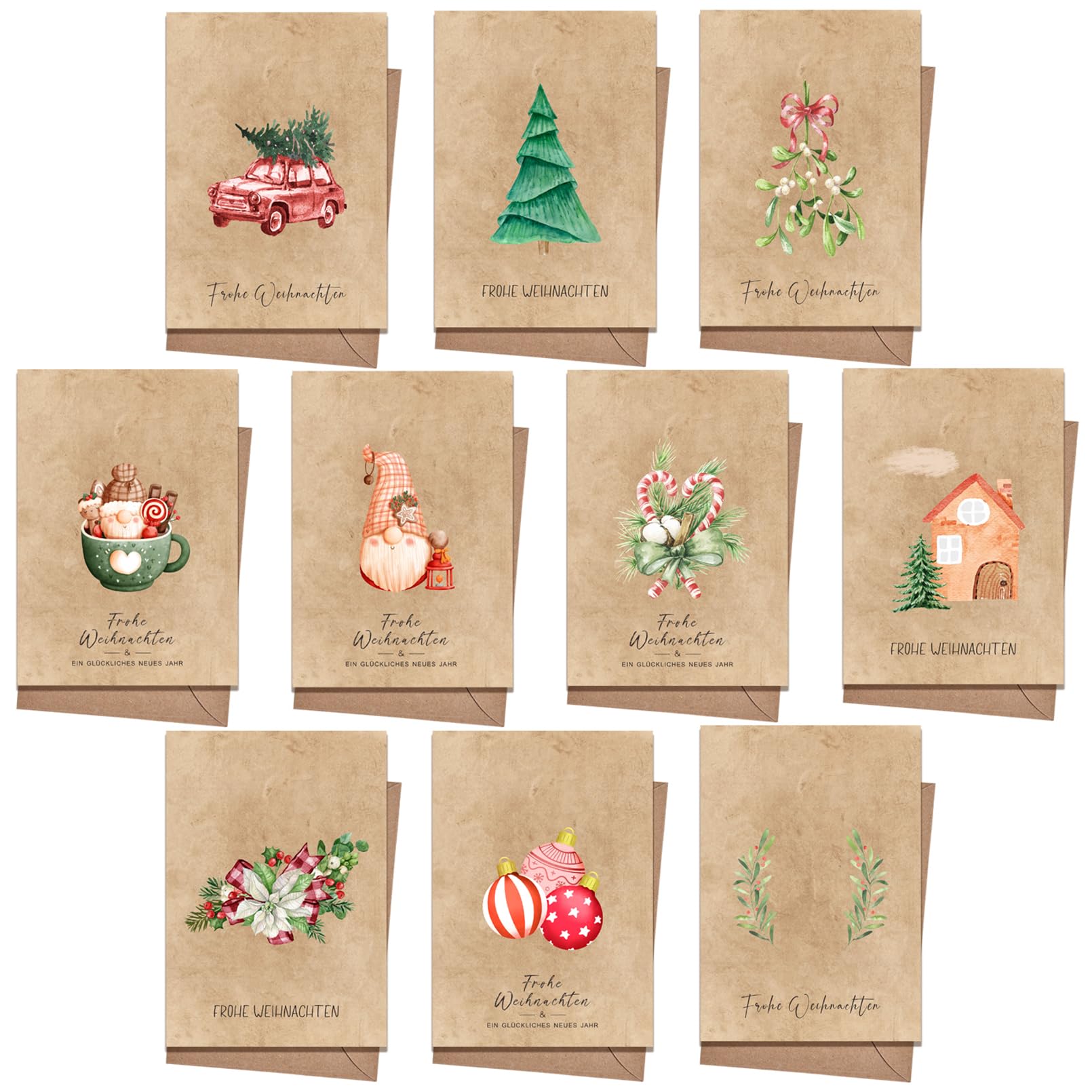 PANSIBY Christmas Cards with Envelope (Pack of 20), Folding Cards & Envelopes Set, Kraft Paper Cards, Postcards for Christmas, Greeting Card and Envelope
