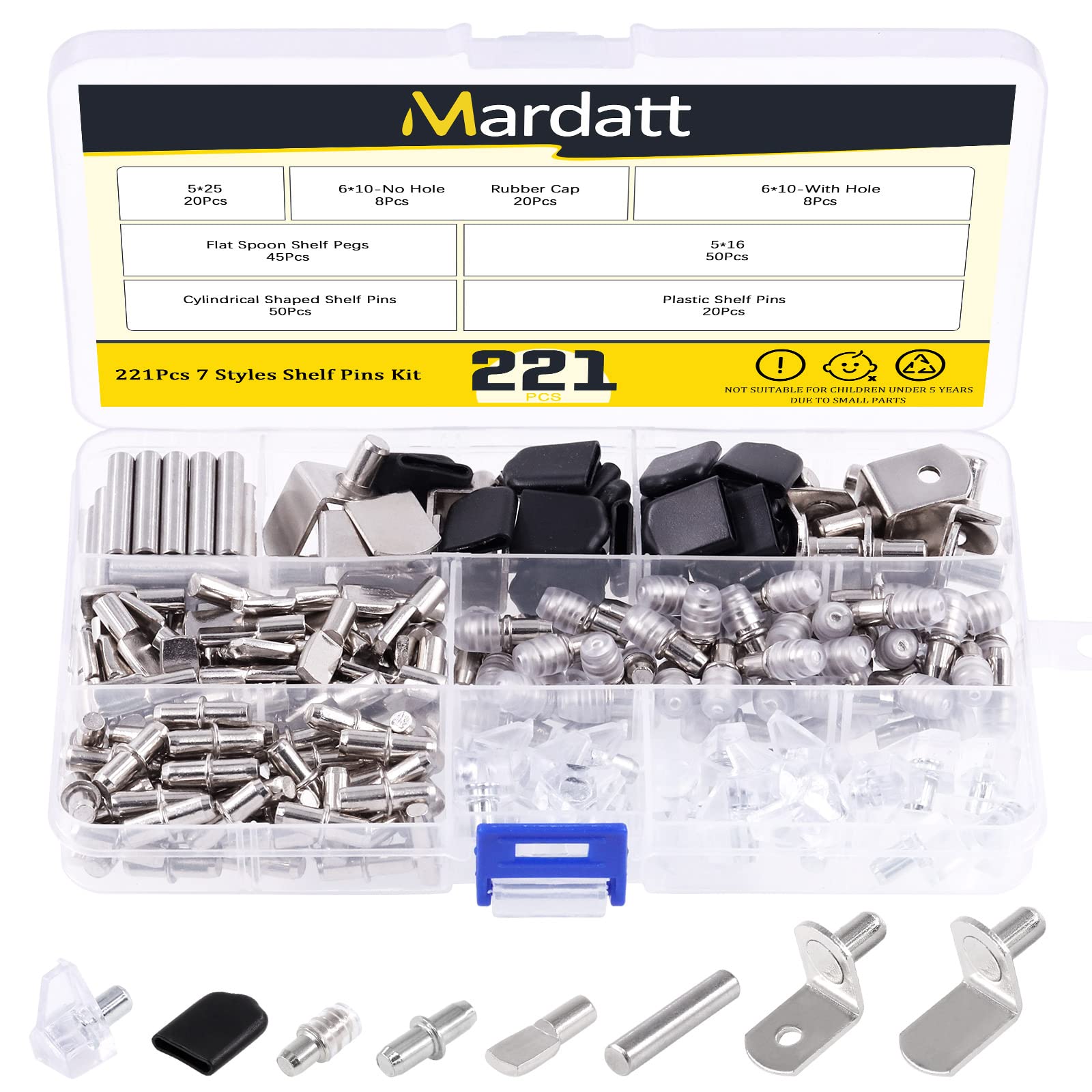 Mardatt 221 Pcs 7 Type Shelf Pins Kit with 5mm and 6mm Cylindrical/Flat Spoon/Dowel Pins/L-Shaped Shelf Bracket Pegs Shelf Pins Support for Kitchen Cabinet Bookcase Furniture