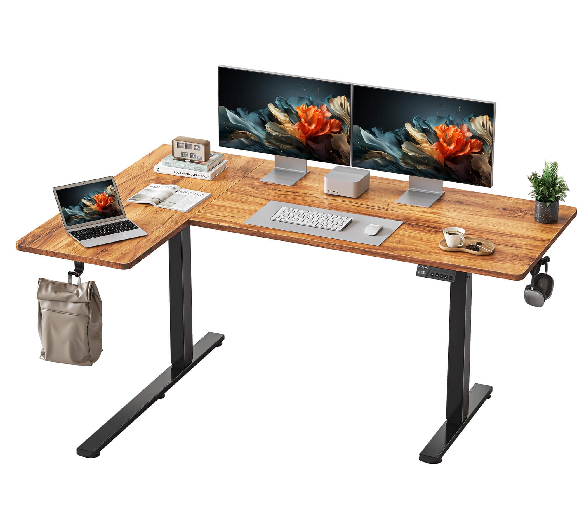 Photo 1 of (appears incomplete)See images) YIHAYO Reversiable L-Shaped Electric Standing Desk, 59 Inches Stand Up Corner Desk, Sit and Stand Up for Work Office Home, Ergonomic Rising Computer Table with Splice Board, Rustic Brown