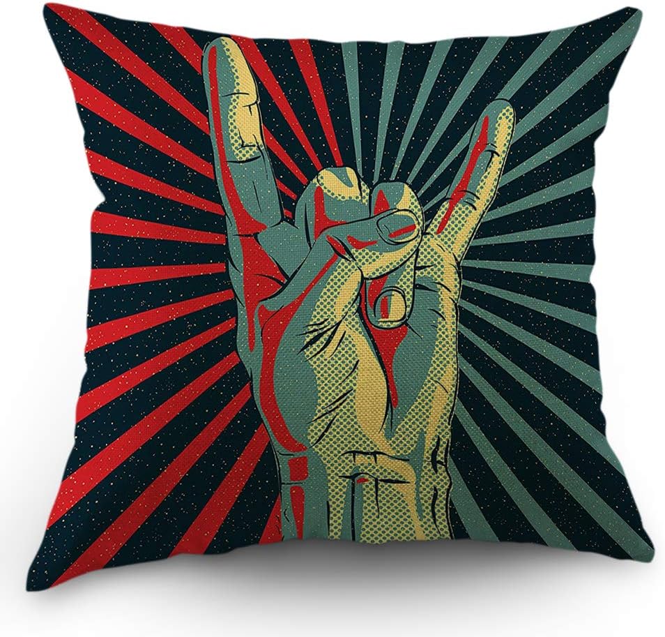 Moslion Music Pillows Decorative Throw Pillow Cover Rock N Roll Gesture Love Pillow Case 18x18 Inch Cotton Linen Square Cushion Cover for Sofa Bed Red Teal