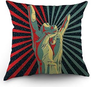 Moslion Music Pillows Decorative Throw Pillow Cover Rock N Roll Gesture Love Pillow Case 18x18 Inch Cotton Linen Square Cushion Cover for Sofa Bed Red Teal