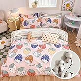OranFran 100% Cotton Kids Duvet Cover Set - Kawaii Cartoon Strawberry Bedding for Toddler Girls & Boys, Twin Size 3-Piece Breathable Soft Comforter Cover with Zipper Closure (Strawberry,Twin)