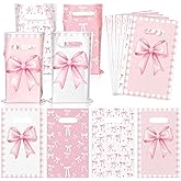Saypacck 100 Pcs Pink Bow Party Favor Bags Birthday Candy Treat Plastic Gift Bags Coquette Goodie Packet Decoration for Wedding Birthday Bridal Baby Shower Bachelorette Party Supplies