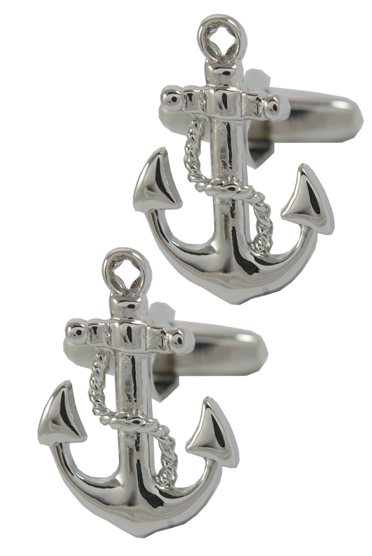 Cufflinks for Men + Presentation Box - Anchor Silver Colour - Ship's Anchor and Rope - Brass Metal - Boat Sailing Sailor Navy Naval Nautical Royal Yacht - One Pair