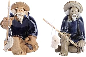 Uonlytech 2Pcs Decorative Fisherman Models Asian Fishermen Miniature Figures for Aquarium and Flowerpot