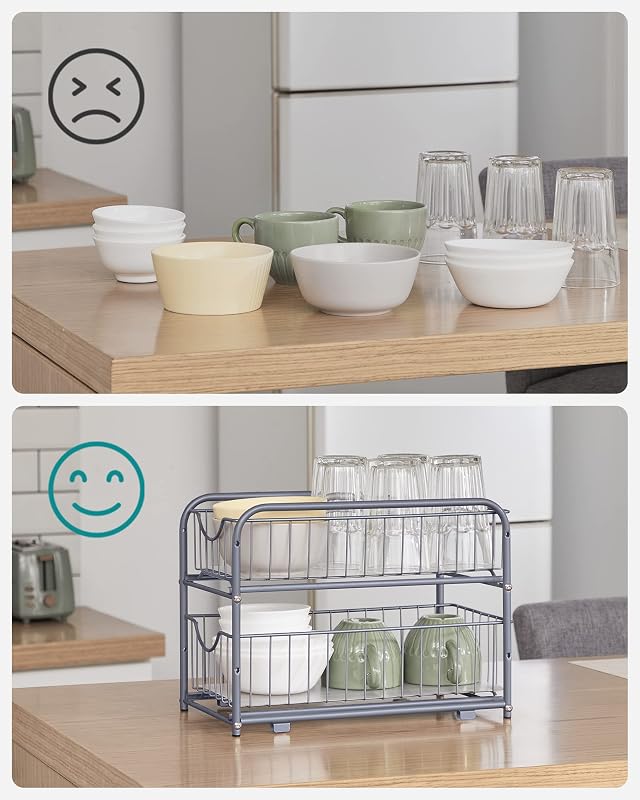Rangement Sous Évier à 2 Niveaux en Acier, Tiroir Coulissant, Égouttoir à Vaisselle，Lot de 1, 36,9 x 21,6 x 27,2 cm, Gris, Collection Patalla KCS017E01
