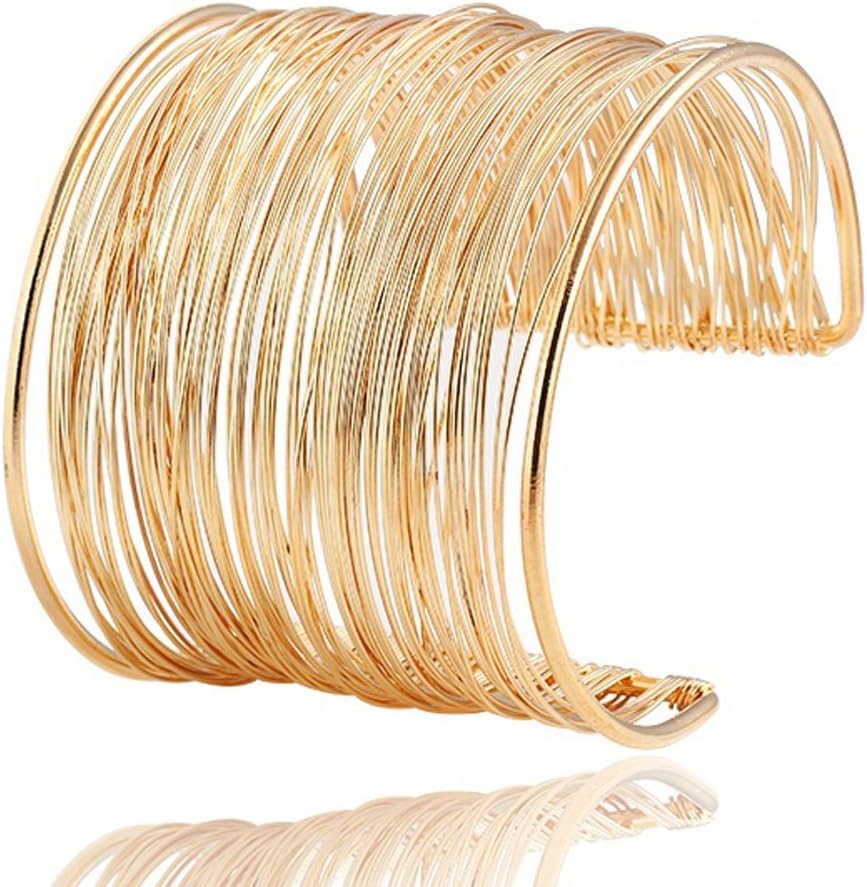 Retro Multilayer Lined Metal Thin Hammered Bunch Wide Cuff Bracelet Bangles for Women