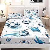 AILONEN Kids Soccer Twin Size Fitted Sheet Set, Football Bed Sheet, Blue Graffiti Soccer Bedding Set for Boys Adults, 1 Fitted Sheet with 2 Pillowcases, 3 Piece