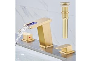 AVSIILE LED Bathroom Faucet 3 Hole, Brushed Gold Waterfall Bathroom Faucets, 8 Inch Widespread Modern Bathroom Sink Faucet, Wide Spread Touch On Three Hole 2 Handle Bathroom Vanity Faucet