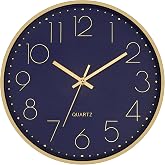 Foxtop 12" Modern Wall Clock Silent Battery Operated Metal Clock, Blue Gold | Aluminum Frame, Dark Blue Dial, Non-Ticking, Round, Analog, Quartz, Easy to Read, Living Room, Bedroom, Kitchen, Office