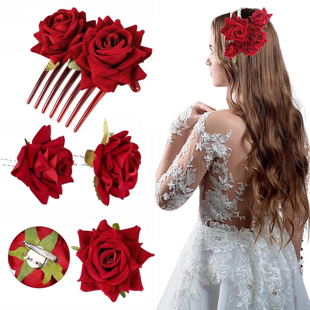 YKKJ 4 Pieces Rose Flower Clips，Hairpin Rose，For Women Flower Hair Accessories Girl Halloween Cosplay Party.