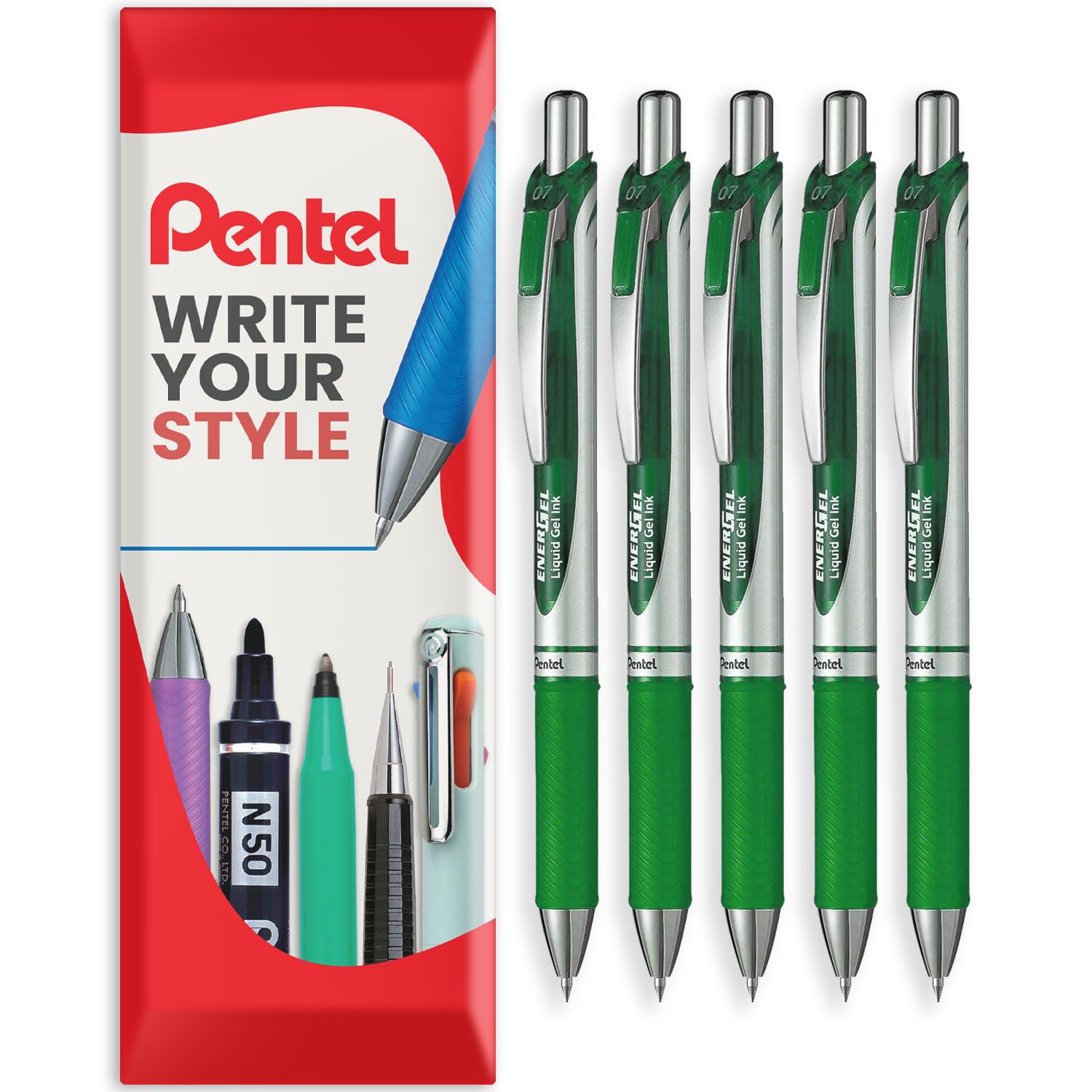 Pentel EnerGel XM BL77 - Retractable Liquid Gel Ink Pen - 0.7mm - 54% Recycled - In Envelope Gift Packaging (Green Pack of 5)