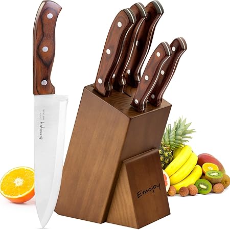 Emojoy Messerblock, Messerset, Kochmesser Set mit ergonomischem Holzgriff, rostfrei und säurebeständig Messerset Edelstahl, 6