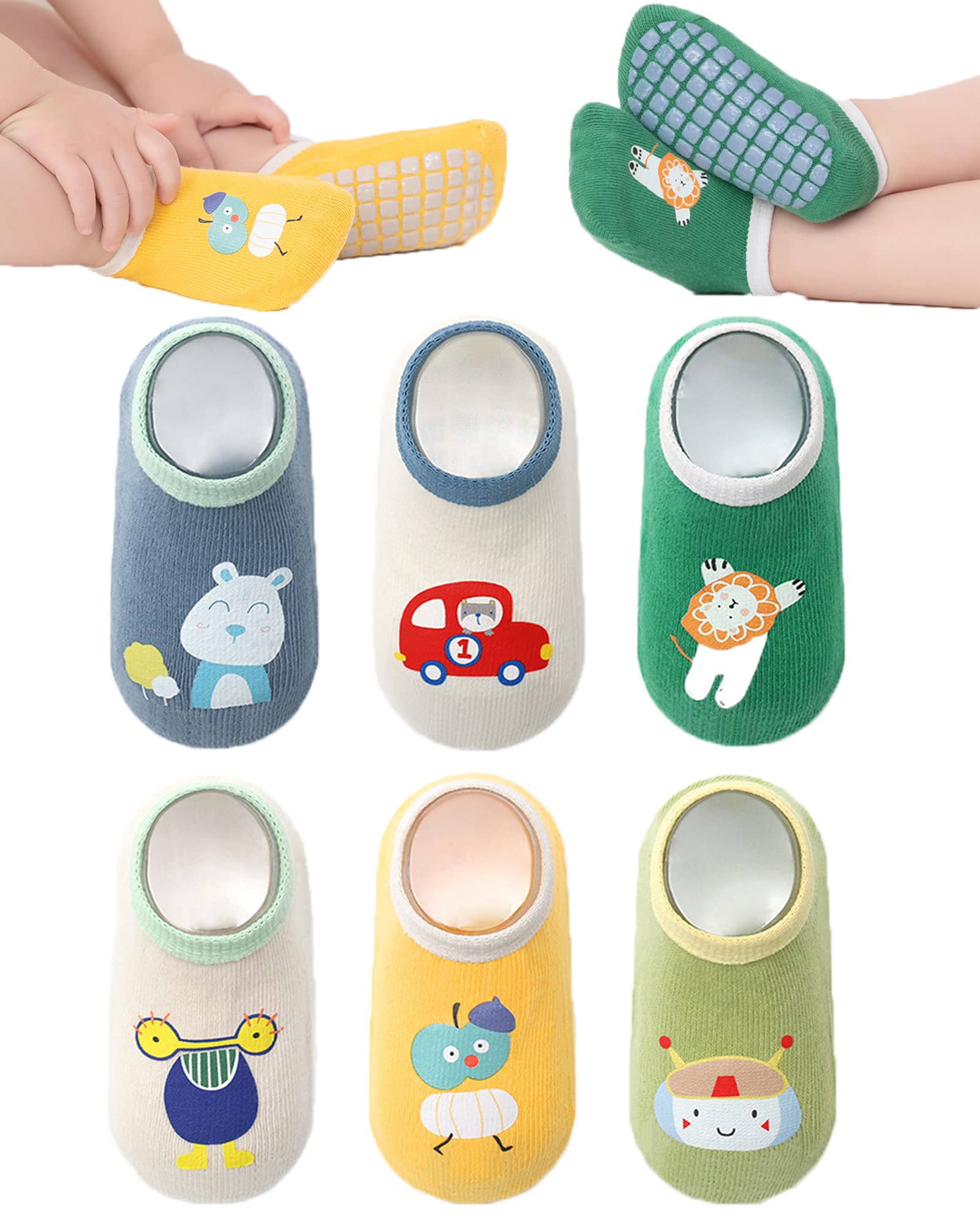 Baby Non-skid Grip Socks Toddler Socks Anti Skid Slipper Crew Socks for Girls Boys Infant Newborn 6 Pairs