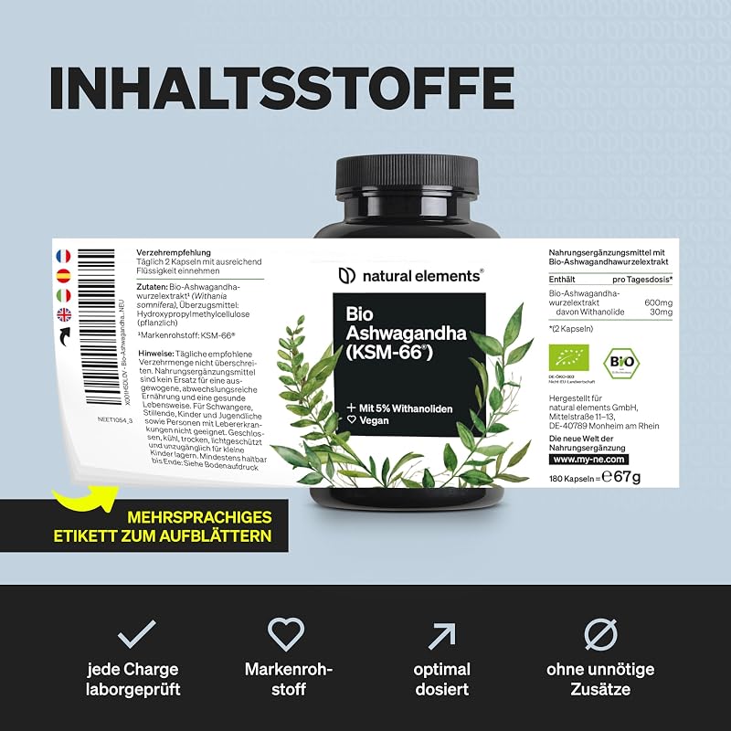Bio-Ashwagandha – KSM-66® Premiumrohstoff (180 Kapseln mit überdurchschnittlicher Reichweite) – 5% Withanolid-Gehalt – laborgeprüft, vegan und hochdosiert