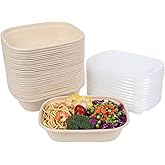 JAYEEY 35oz Disposable salad bowls with lids, Sugarcane Fiber Paper Bowls take away food containers meal prep deli container 50 Pack
