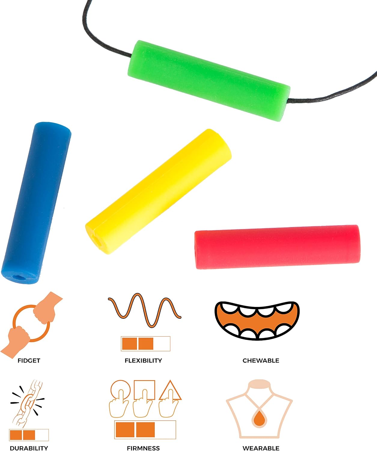 Chewigem - Smooth, Robust, Multipurpose, Discreet, Chewable Necklace & Stimming Aid - Great for hoody strings or as a necklace - (3 Spares) Designed for Anxiety Reduction & Improved Focus. Created as a calming aid for Sensory Processing Difficulties - Autism - ADHD (Chubes Necklace - rainbow) - Image 4