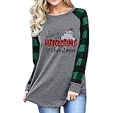 EXMIUN I Want A Hippopotamus for Christmas Tshirt Women Funny Cute Hippopotamus Tee Plaid Letter Print 3/4 Sleeve Tops