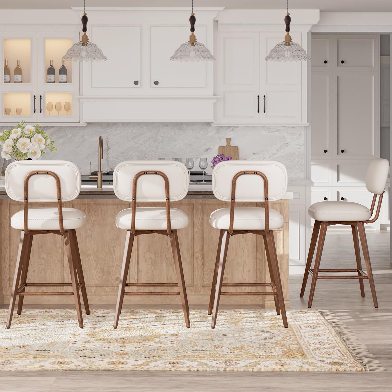 Photo 1 of 2 not 4 *** MALOL PU Leather Swivel Bar Stools Set of 2, Mid Century Counter Height Bar Chairs with Low Back and Metal Legs, Modern Bar Stool Chair for Kitchen Island, Beige