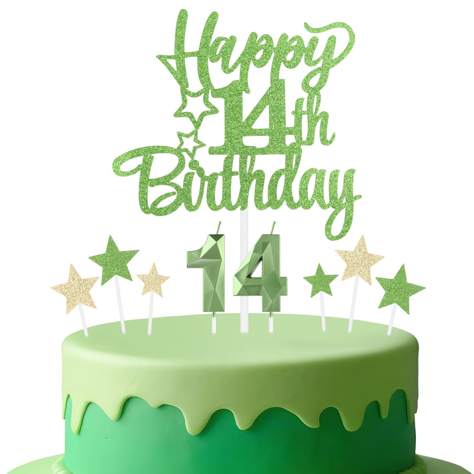 mciskin Tender Green 14th Birthday Candles Cake Toppers Set,3D Number 14 Candle for Cake,Light Green Candles Yellow Star Toppers for Girls Boys 14th Birthday Decorations Party Supplies