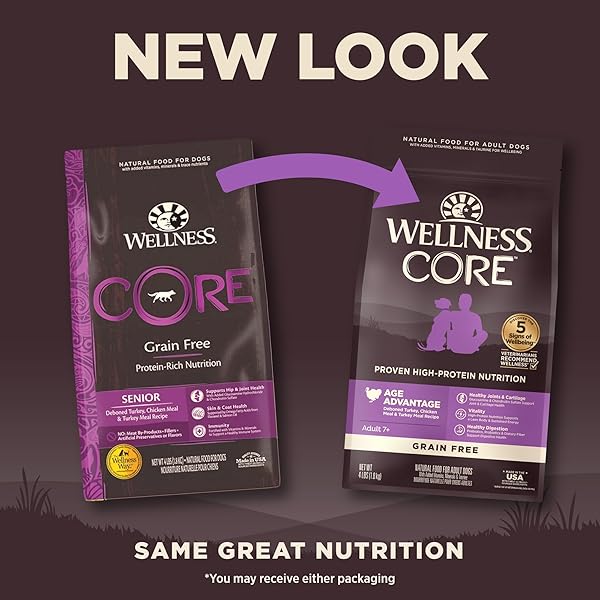 WELLNESS CORE AGE ADVANTAGE SENIOR DRY DOG FOOD, GRAIN FREE KIBBLE, NATURAL, HIGH PROTEIN, TURKEY AND CHICKEN RECIPE, 4 LB BAG