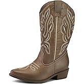 mysoft Women's Wide Calf Cowboy Boots Pull-On Mid-Calf Embroidered Pointed Toe Retro Western Boots