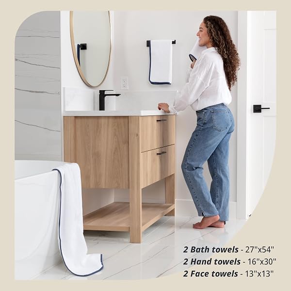 MACOUBA BATH TOWELS FOR BATHROOM BATH TOWEL SET – WHITE TOWELS WITH BLUE TRIM – LUXURY SET OF 6 – BATHROOM TOWELS SET, WHITE NAVY BLUE TOWELS – 2 WHITE BATH TOWELS, 2 HAND 2 FACE