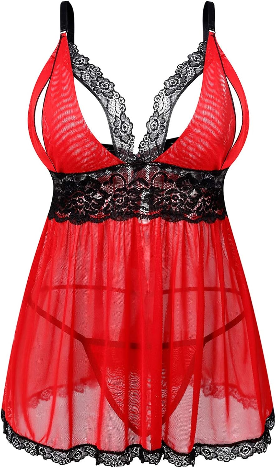 Donnalla Women's Sexy Plus Size Lingerie - Split Cup Lace Babydoll Sleepwear Chemise Set 2XL, 3XL, 4XL at  Women’s Clothing store