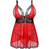Donnalla Plus Size Babydoll Lingerie Set for Women Sexy Mesh Lace Nightwear Adjustable Straps V Neck Chemise with Panty