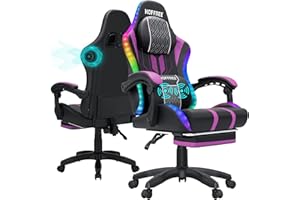 HOFFREE Led Gaming Chair Massage with Speakers Big and Tall Video Game Chair with Footrest for 400lbs Reclining High Back Computer Desk Chair Purple and Black