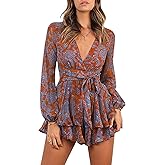 Bonkwa Women's Summer Deep V-Neck Floral Print Romper Long Baggy Sleeves Double Layer Ruffle Hem Short Jumpsuits with Belt…