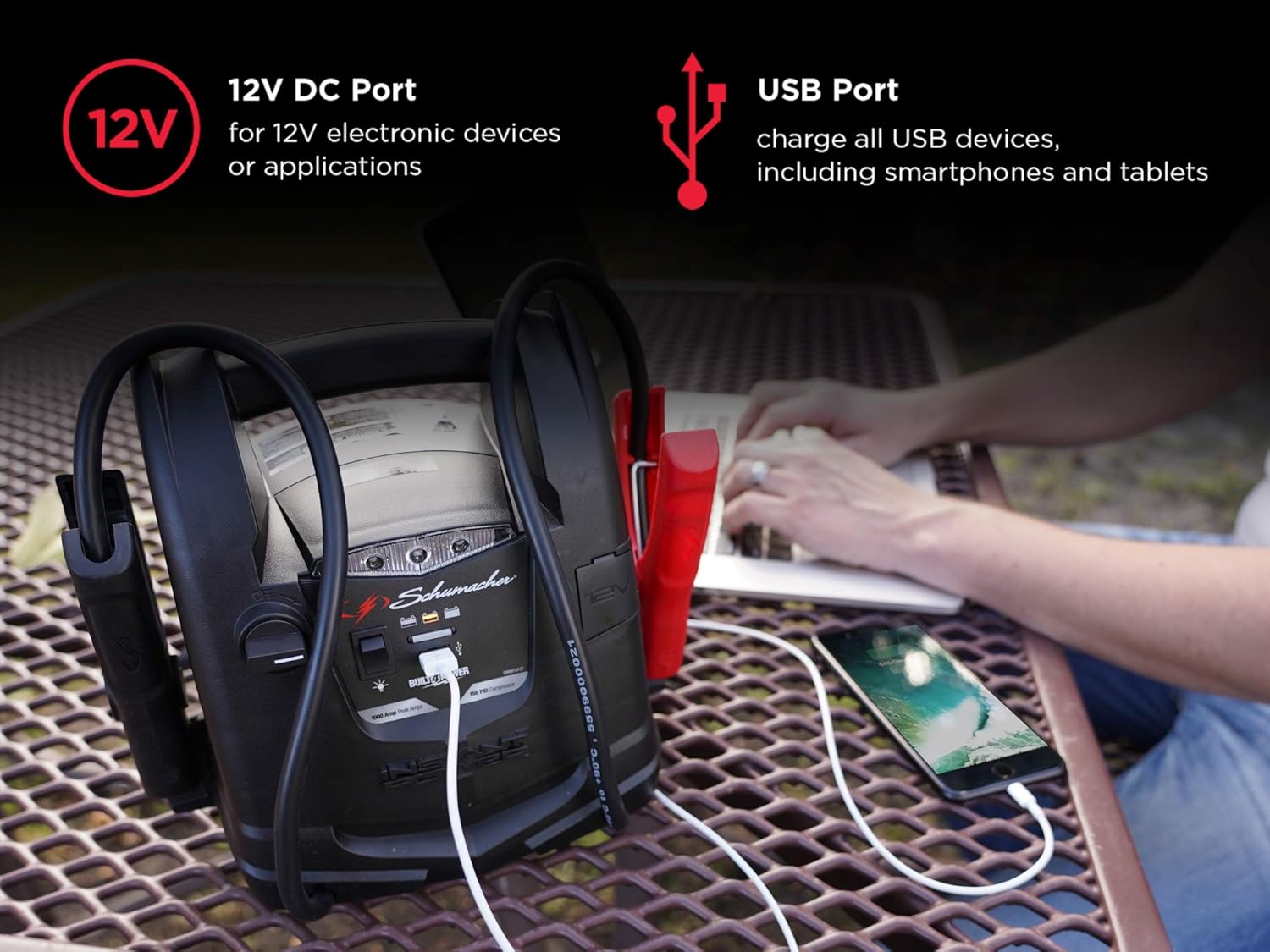 Schumacher SJ1332 1200 Amp Portable Power Jump Starter with AC/12V DC/2 Apmp USB Power plus Compressor with High/Low Inflater/Deflater and Light: Automotive