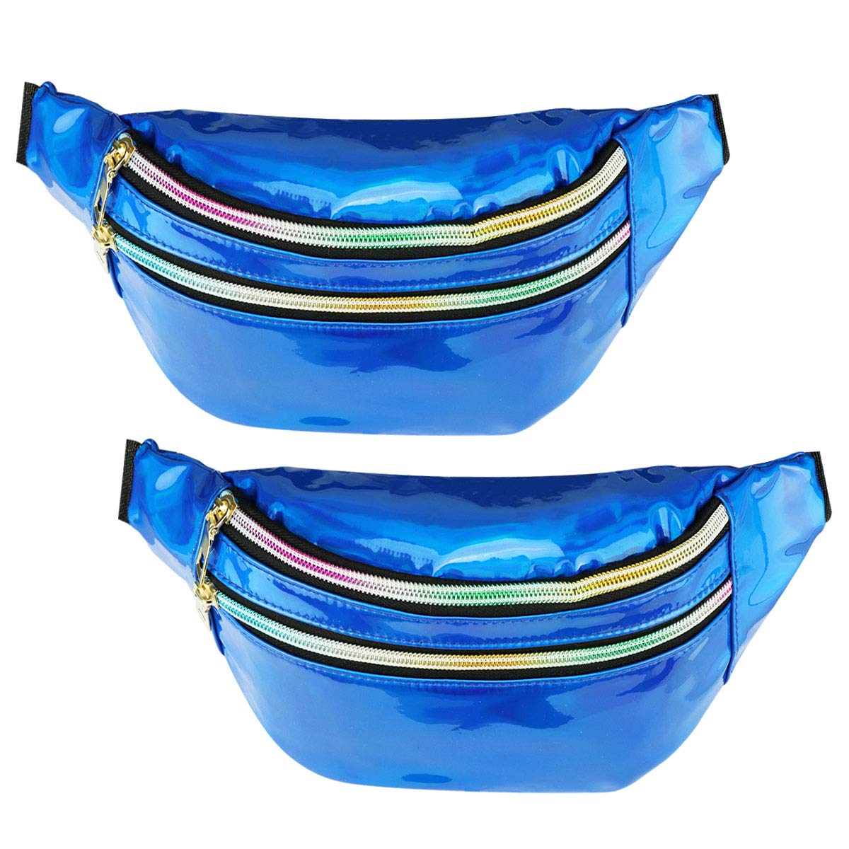 2 Pieces Holographic Fanny Packs, Waterproof Metallic Color Shiny Sport Waist Pack with Adjustable Belt for Rave Party Festival Travel Hiking (Blue)